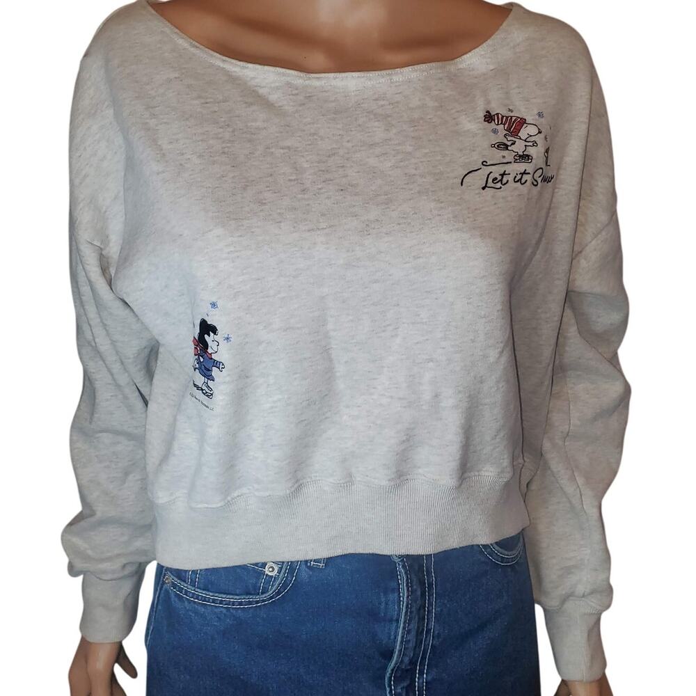 Hollister Peanuts Snoopy Let It Snow Embroidered Gray Cropped Sweatshirt XS